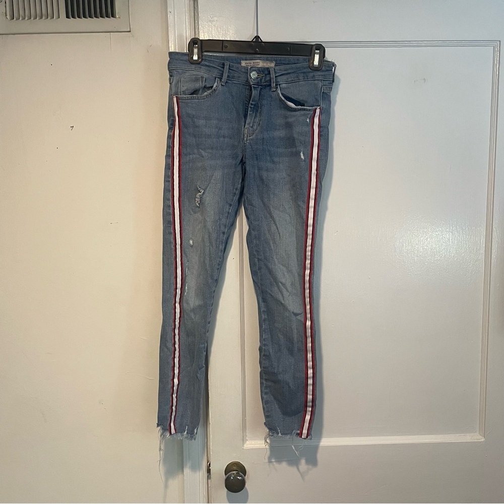 Zara Blue Skinny Jeans with Red and White Stripes